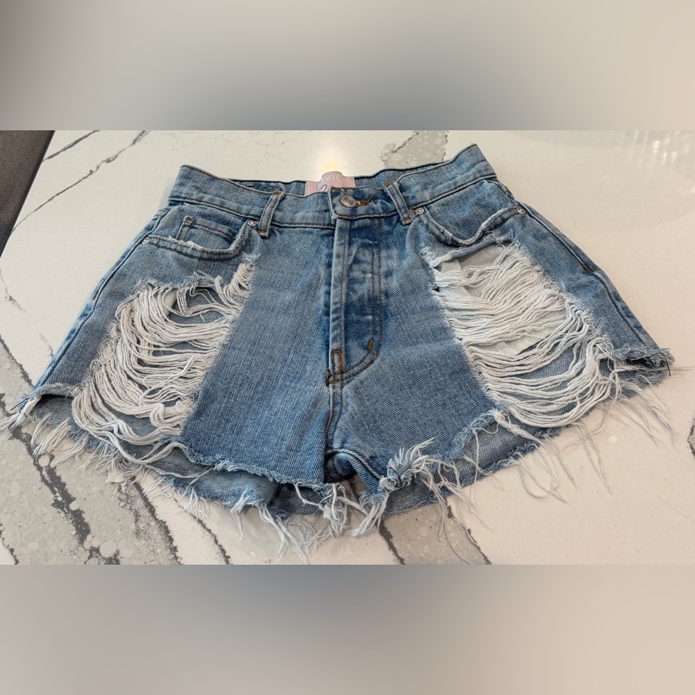 REVICE Blue High-Waisted Distressed Waist 24 Jean Shorts